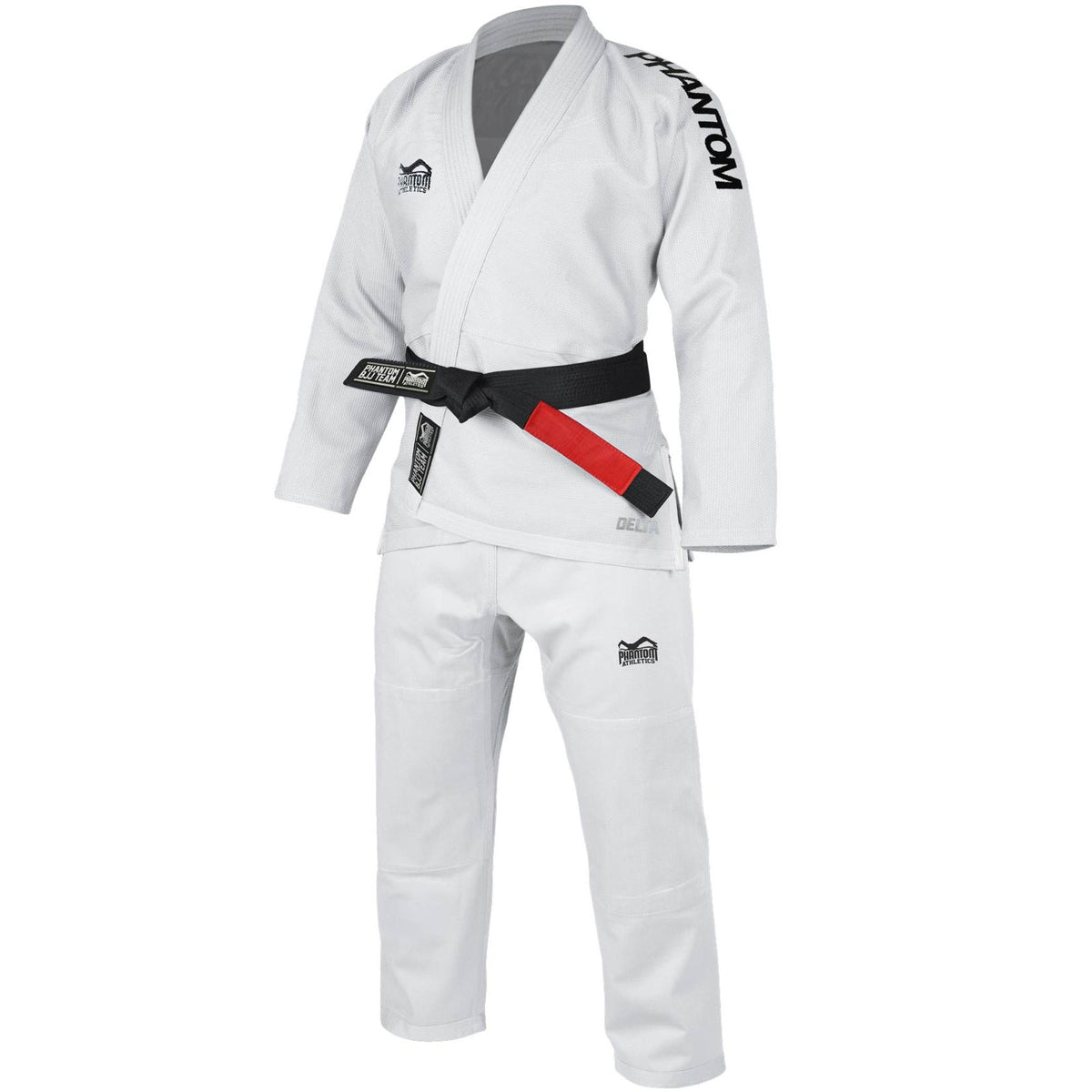 Hochwertiger BJJ‑Gi „Delta White“ von Phantom Athletics – aus 450 gsm Pearl Weave‑Jacke und 8 oz Ripstop‑Hose gefertigt, IBJJF‑konform für Training, Grappling und Wettkampf im Kampfsport.