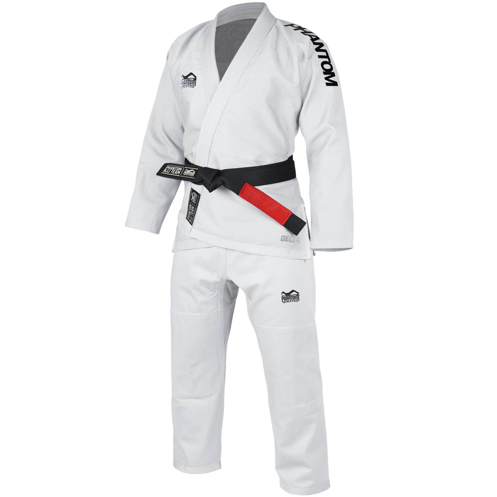 Hochwertiger BJJ‑Gi „Delta White“ von Phantom Athletics – aus 450 gsm Pearl Weave‑Jacke und 8 oz Ripstop‑Hose gefertigt, IBJJF‑konform für Training, Grappling und Wettkampf im Kampfsport.