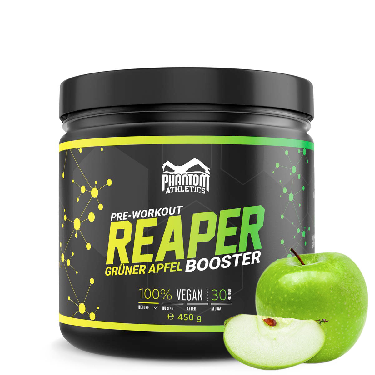 The Phantom REAPER pre-workout booster for martial arts. More energy and focus in training and competition for real fighters. With a delicious apple taste and high-quality ingredients.