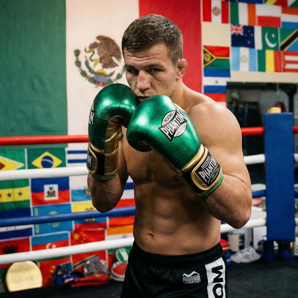 Die Phantom Athletics Boxhandschuhe Mexico in Grün/Gold kombinieren auffälliges Design mit hochwertiger Performance für intensives Boxen, MMA und Kickboxen. Die ergonomische Passform und die starke Polsterung sorgen für präzise Schlagführung und optimalen Schutz im Sparring und Training.