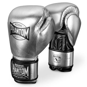 Hochwertige Boxhandschuhe MEXICO in Silber und Schwarz von Phantom Athletics, ideal für intensives Box‑Training, Sparring und Kampfsport‑Workout mit exzellenter Polsterung und sicherem Sitz.
