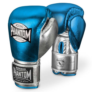 Hochwertige Boxhandschuhe MEXICO in Hellblau und Silber von Phantom Athletics, ideal für intensives Box‑Training, Sparring und Kampfsport‑Workouts mit starker Polsterung und sicherem Sitz.