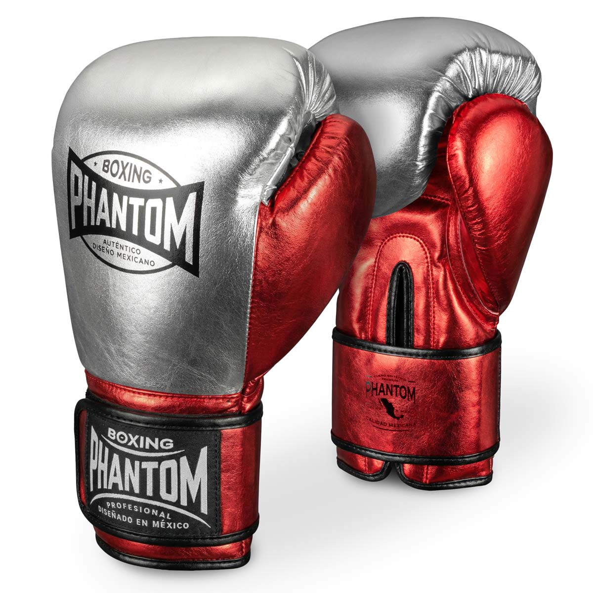 Hochwertige Boxhandschuhe MEXICO in Silber und Rot von Phantom Athletics, ideal für intensives Box‑Training, Sparring und Kampfsport‑Workouts mit exzellenter Polsterung und sicherem Sitz.