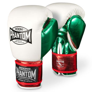 Boxhandschuhe von Phantom Athletics im leuchtenden Mexico-Motiv (Grün‑Weiß‑Rot). Moderne Kampfsporttechnologie trifft traditionelles Design – ideal für Boxen, Kickboxen oder Muay Thai-Training.