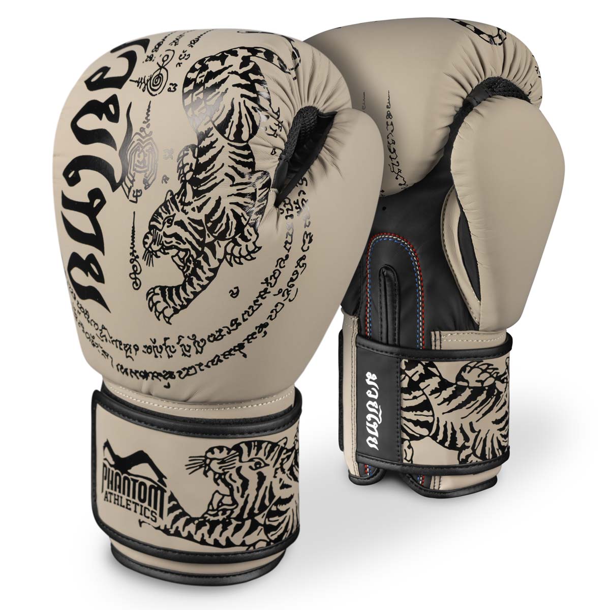 Phantom Muay Thai boxing gloves with Thai print in the color sand. 