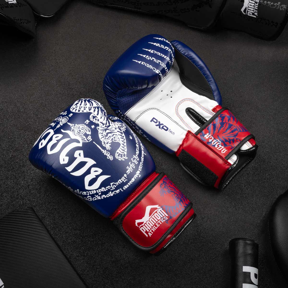 Die Phantom Muay Thai Boxhandschuhe in Top Qualität mit thailändischem Print in der Farbe Blau/Weiss/Rot am Gymboden.