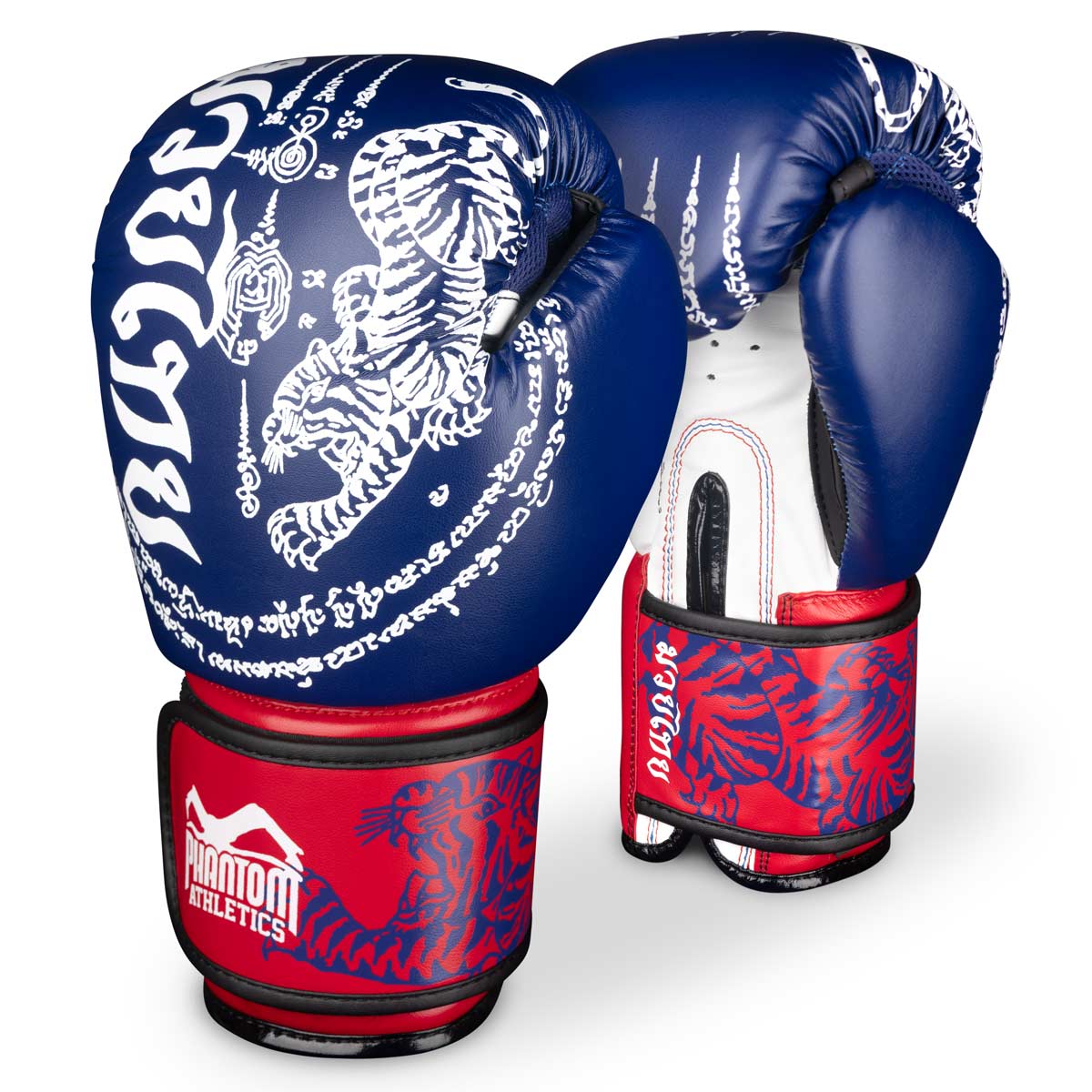 Thajské boxerské rukavice Phantom Muay s thajskou potlačou v modrej/červenej/bielej farbe
