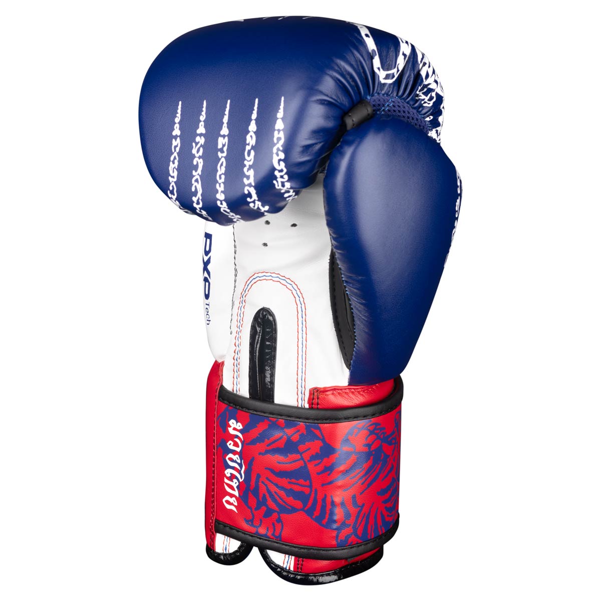 Phantom Muay Thai Boxhandschuh Rechts in Blau/Weiss/Rot mit thailändischem Print.