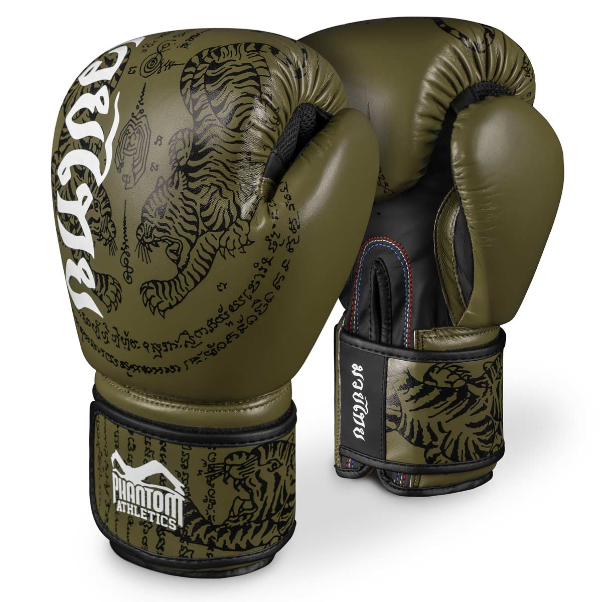 Phantom Muay Thai boxing gloves with Thai print in army green. Sak Yant Design.