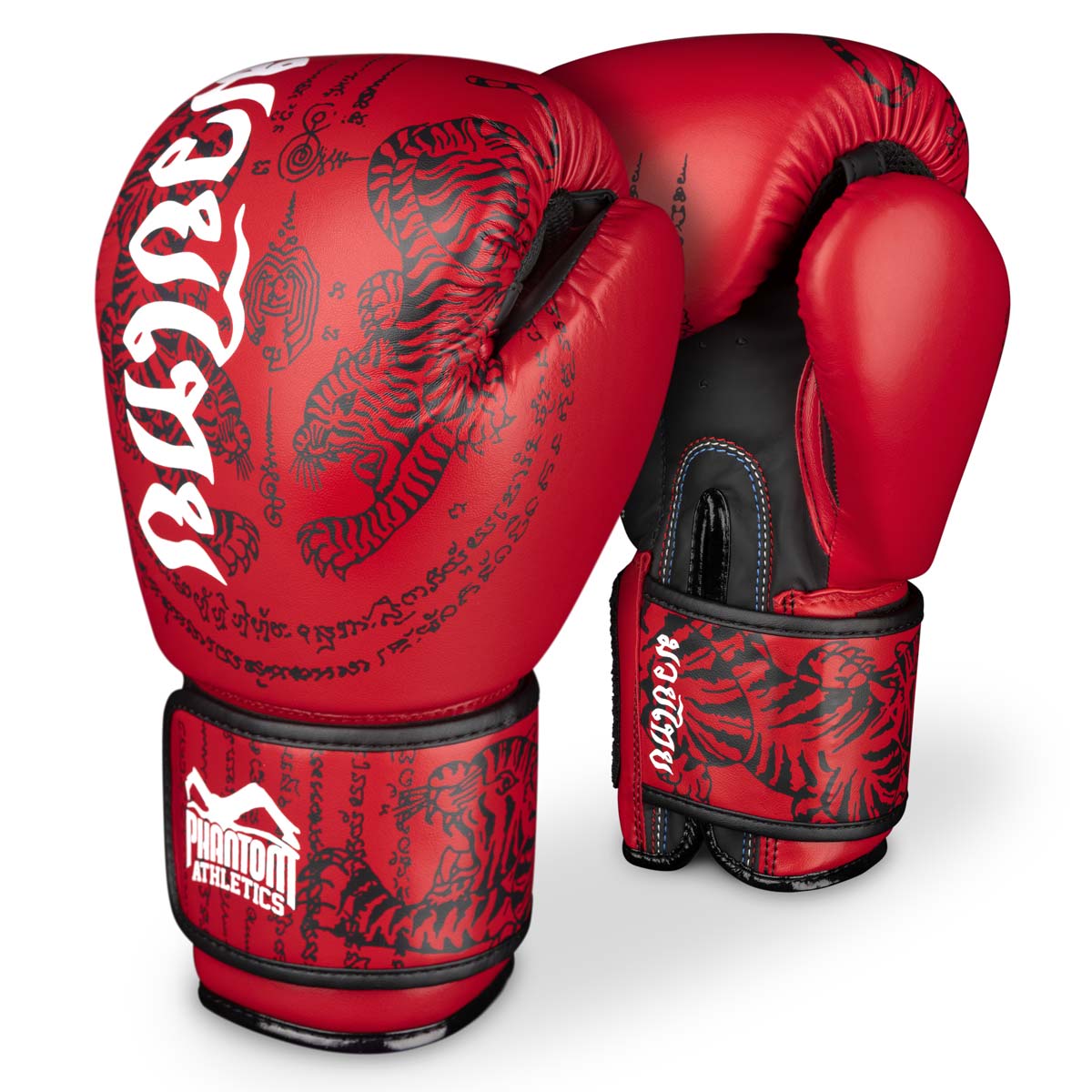 Phantom Muay Thai boxing gloves with Thai print in red/black.
