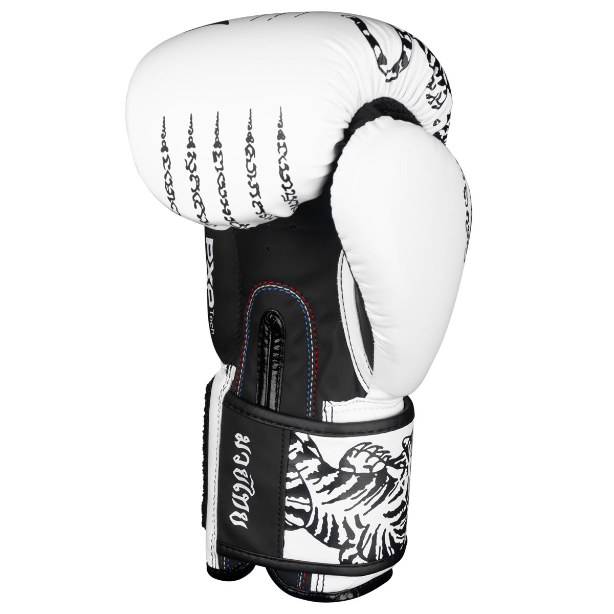 Phantom Muay Thai Boxhandschuh Rechts in Weiss/Schwarz mit thailändischem Print.