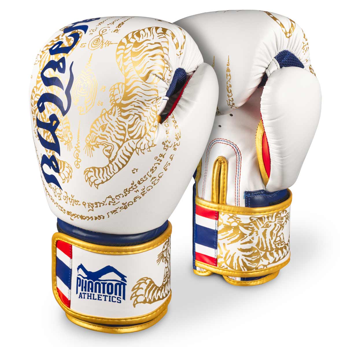 Thajské boxerské rukavice Phantom Muay s thajským potiskem v limitované edici bílá/zlatá/modrá/červená.