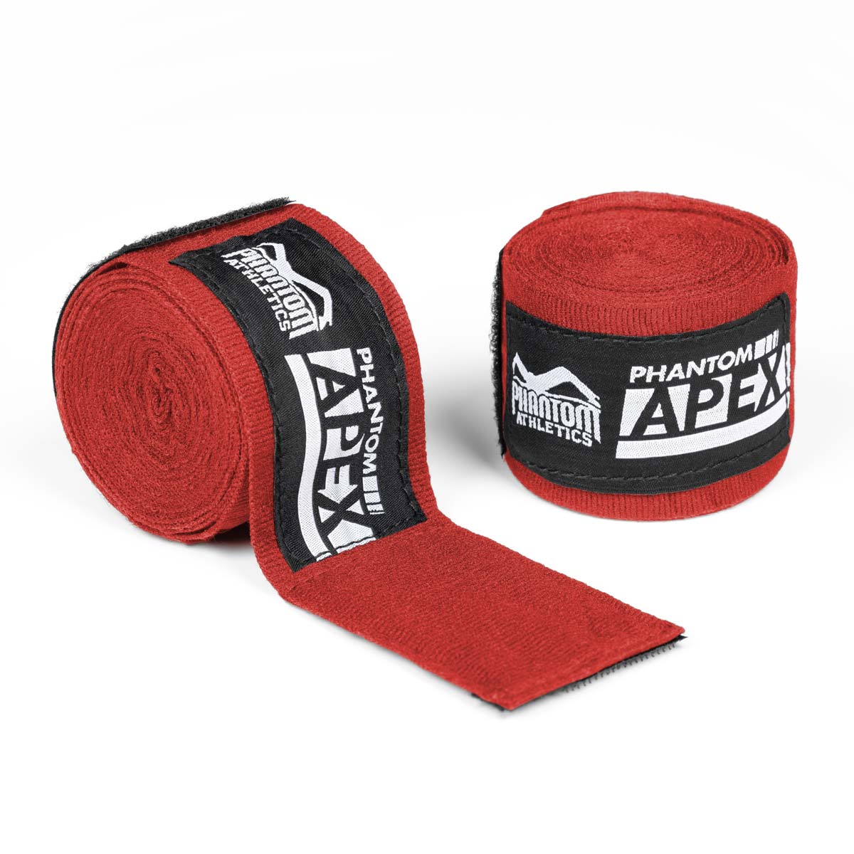 Bandages de boxe Phantom pour l'entraînement et la compétition d'arts martiaux. De couleur rouge et en 2 longueurs différentes. Semi-élastique pour un maximum de soutien et de confort.