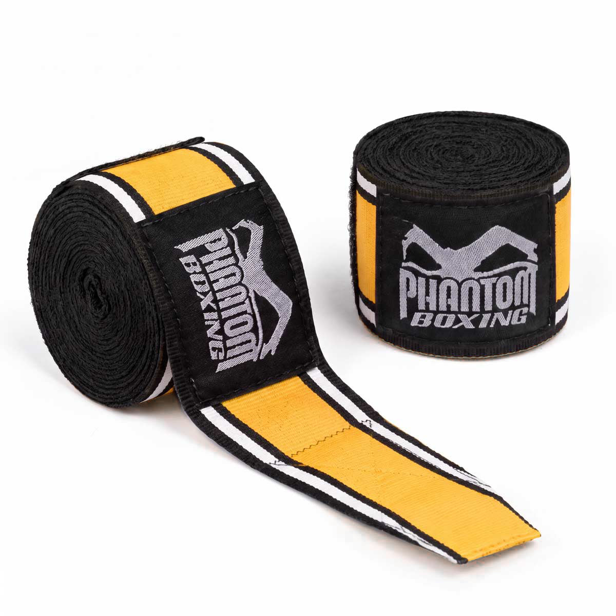 Die gelben Phantom Athletics Boxbandagen MT-Pro bieten durch halbelastisches Baumwoll-Polyester-Material zuverlässige Stabilität für Hände, Finger und Handgelenke. Die hochwertigen Kampfsportbandagen sind in 250 und 450 cm erhältlich und eignen sich ideal für Boxen, MMA, Kickboxen und Muay Thai.