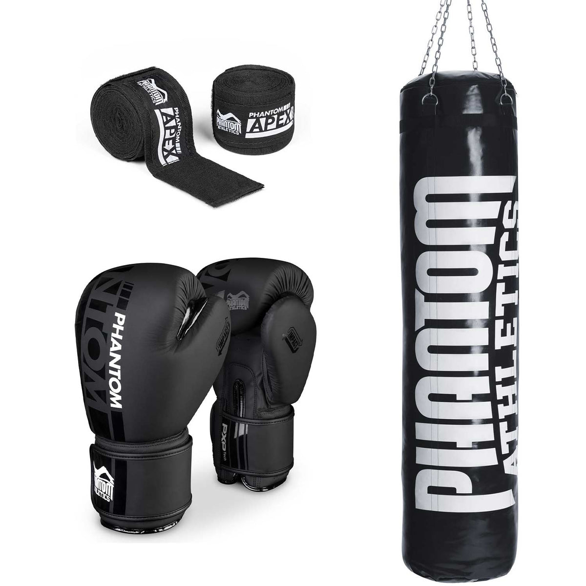 Boxsack-Set High Performance von Phantom Athletics: Das komplette Set umfasst einen gefüllten Boxsack, hochwertige Boxhandschuhe und elastische Boxbandagen – ideal für intensives Training.
