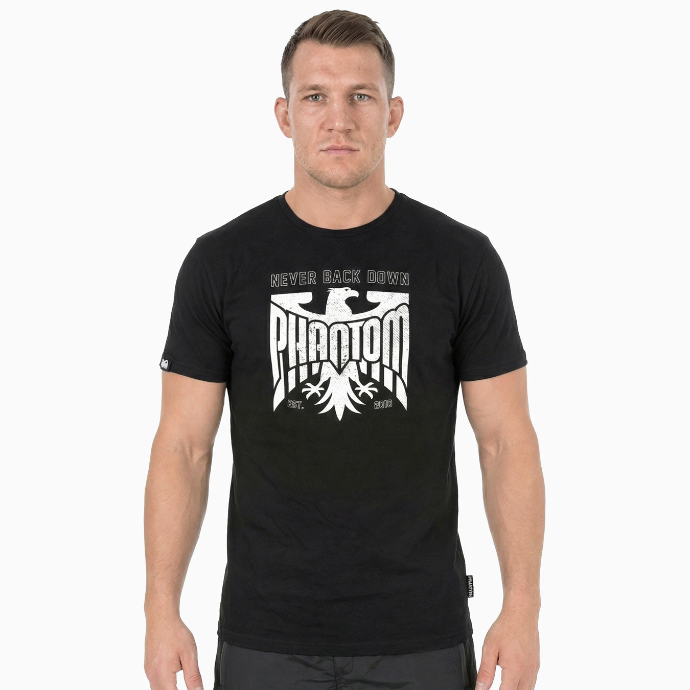 Phantom Athletics T‑Shirt Germany NBD in Schwarz mit großem „Never Back Down“‑Print, ideal für MMA‑Training, Boxen und Fitness‑Sessions.