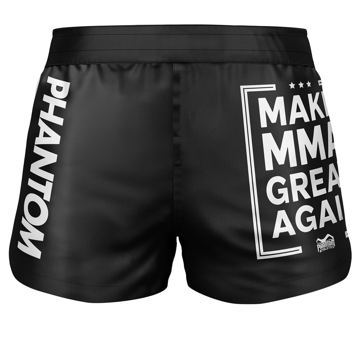 Schwarze Fightshorts von Phantom Athletics mit dem markanten "Make MMA Great Again"-Design, perfekt für Mixed Martial Arts, Grappling und Kampfsport. Leichtes und strapazierfähiges Material für maximale Bewegungsfreiheit.