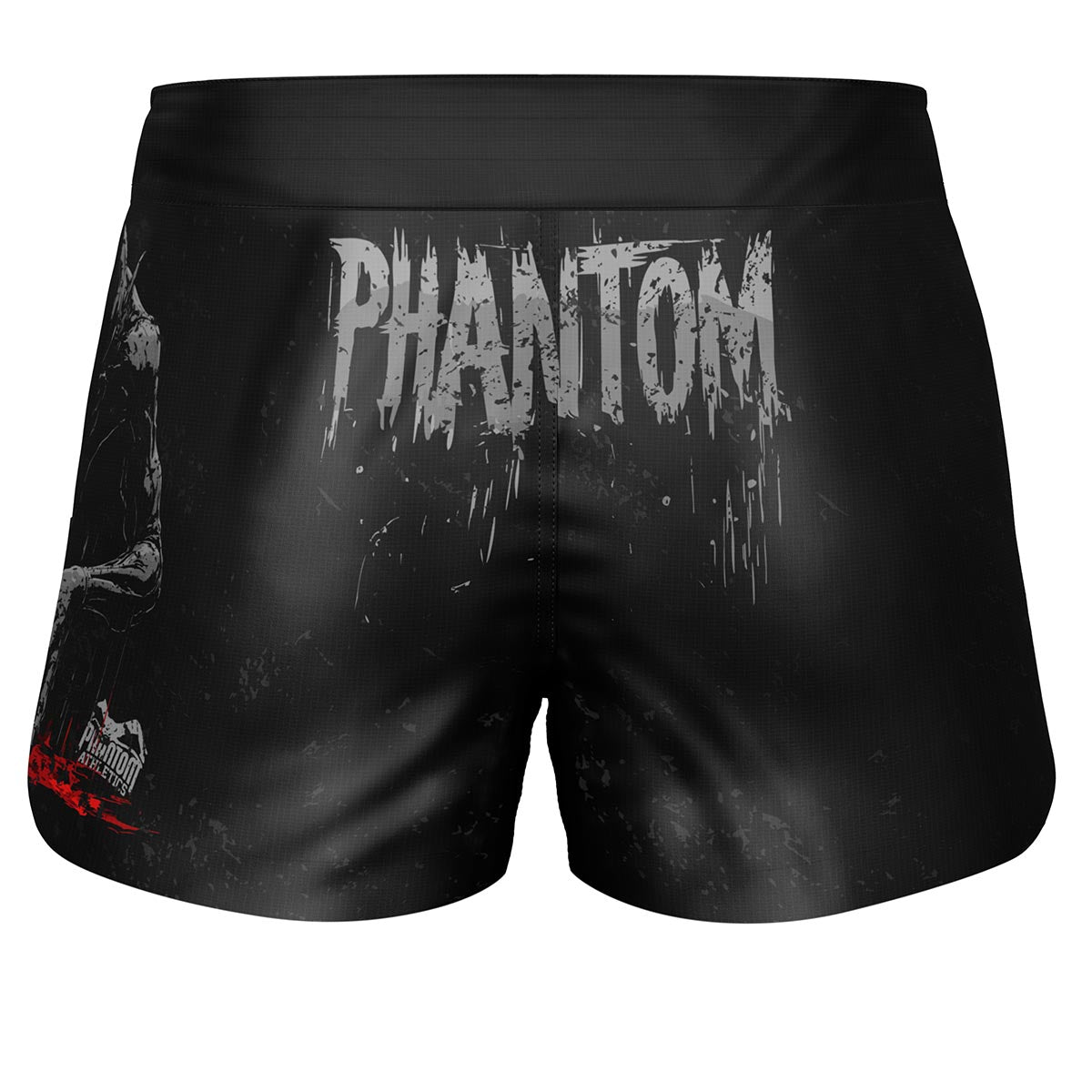 Premium Fightshorts FUSION-R Nightmare von Phantom Athletics – robuster Stoff, athletischer Schnitt und markantes Schwarz-Rot-Design für intensives Kampfsport-Training.