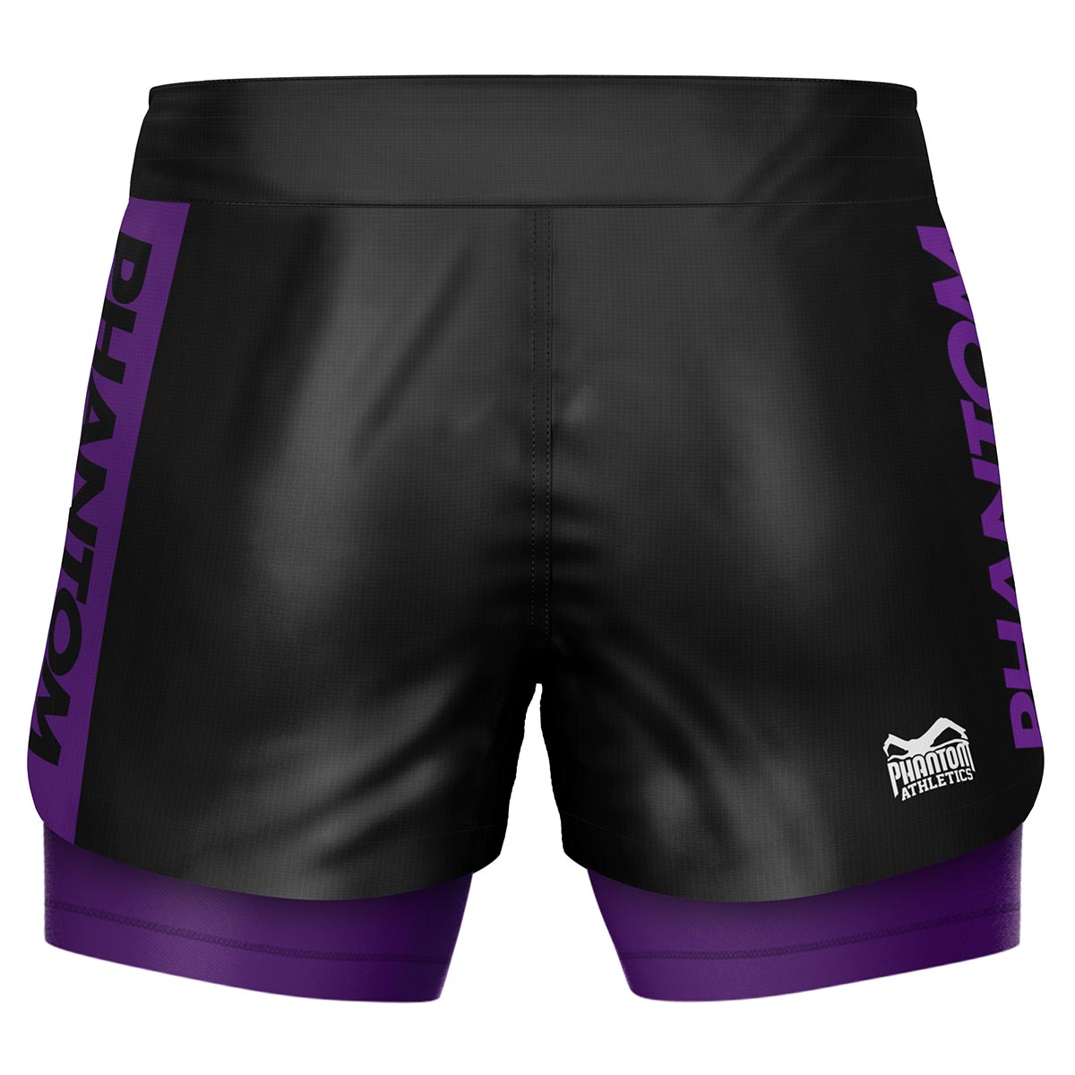 Phantom Athletics Fusion-R Ranked Fightshorts in Lila mit integriertem Kompressions-Innenbein: Speziell entwickelt für fortgeschrittene No-Gi-BJJ-Athleten im Purple-Gürtel-Level. Diese 2-in-1-Konstruktion garantiert sicheren Sitz, reduzierte Reibung und hohe Bewegungsfreiheit.