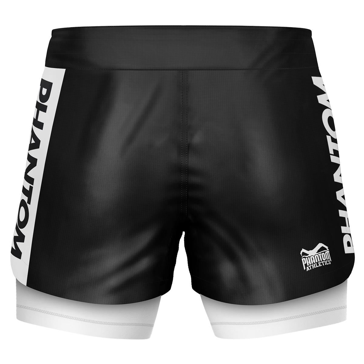 Phantom Athletics Fusion-R Ranked Fightshorts in Weiß – 2-in-1-Design mit Kompressionsinnenshorts. Ideal für No-Gi-BJJ auf Weißgurt-Level, bieten sie sicheren Halt, minimale Reibung und maximalen Komfort beim Trai