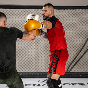 Phantom Athletics Evo Apex Red Shorts, ideal für Muay Thai und Grappling. Dynamisches Design kombiniert mit strapazierfähigen Materialien für maximale Performance.