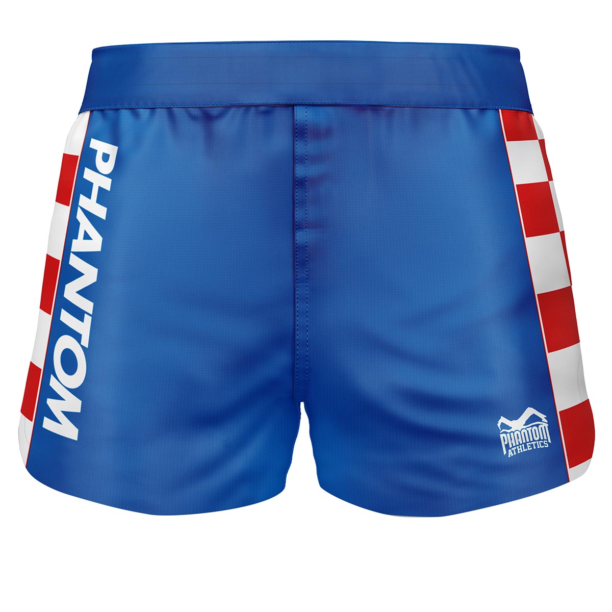 Hochwertige Phantom Athletics Fightshorts FUSION‑R im Team Croatia Blau‑Design für intensives MMA‑Training, Kickboxen und Grappling mit maximaler Bewegungsfreiheit dank flexiblem Material und Seitenschlitz.