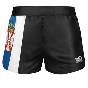 Hochwertige Phantom Athletics Fightshorts FUSION‑R Team Serbia in Schwarz mit robustem Ripstop‑Material für intensive MMA‑, Kickbox‑ und Grappling‑Trainingssessions und maximale Bewegungsfreiheit bei jedem Tritt und Takedown.