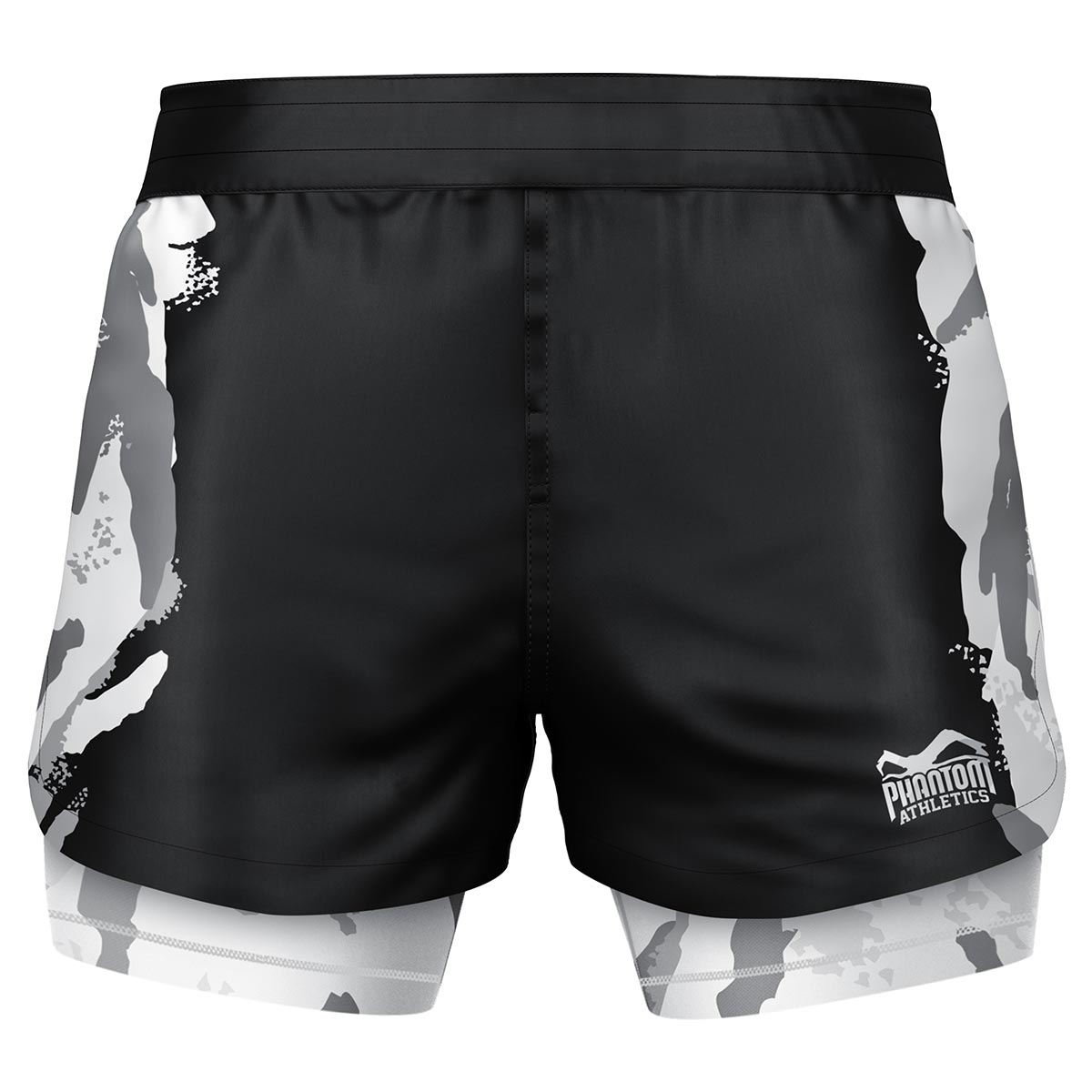 Phantom Fightshorts Fusion 2in1. Ultimate shorts for your martial arts with integrated compression shorts. Ideal for MMA, BJJ, wrestling, grappling or Muay Thai. In black with camo design.