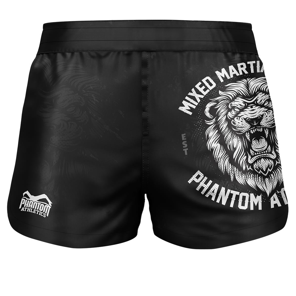 Phantom Fightshorts Fusión 2en1. Shorts definitivos para tus artes marciales. Ideal para MMA, Muay Thai, BJJ, lucha libre y más. En color negro con diseño de león.