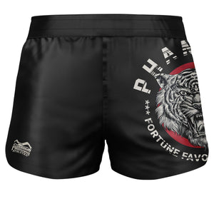 Phantom Fightshorts Fusion 2in1. Ultimative Shorts für deinen Kampfsport. IDeal für MMA, Muay Thai, BJJ, Ringen und mehr. In schwarz mit unserem beliebten Tiger Unit Design.