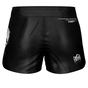 Elastische FUSION-R Pumpkill Fightshorts – Schwarz-graue Ripstop-Fightshorts mit verstellbarem Kordelzug, ideal für MMA, Muay Thai, BJJ und andere Kampfsportarten.