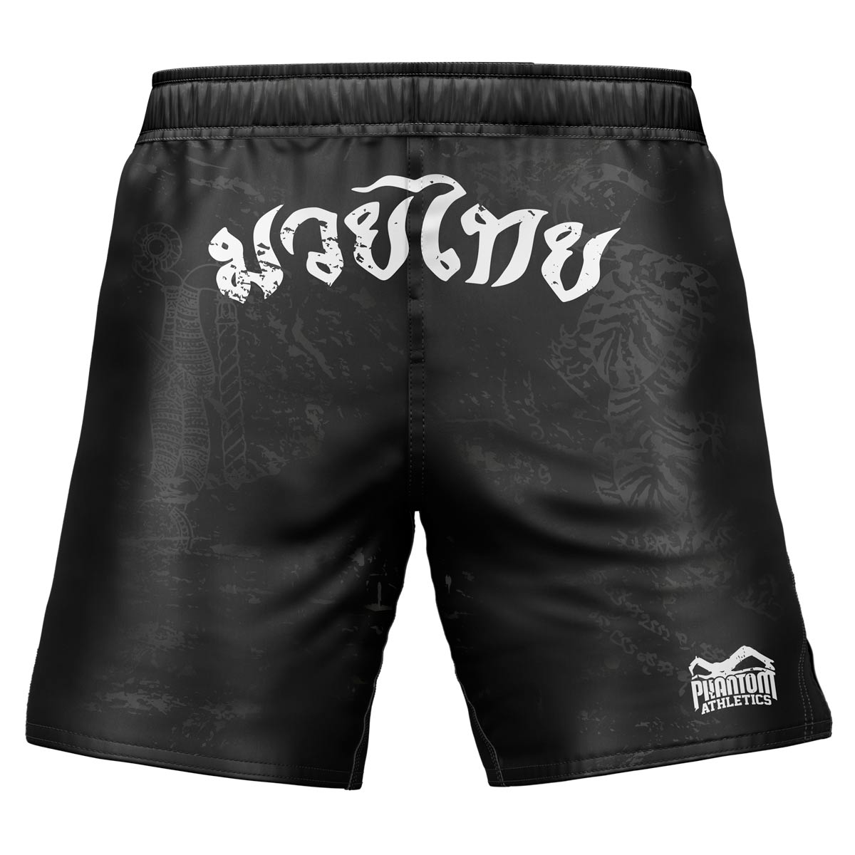 Phantom EVO Muay Thai fight shorts with Thai lettering and Sak Yant Tiger design. 