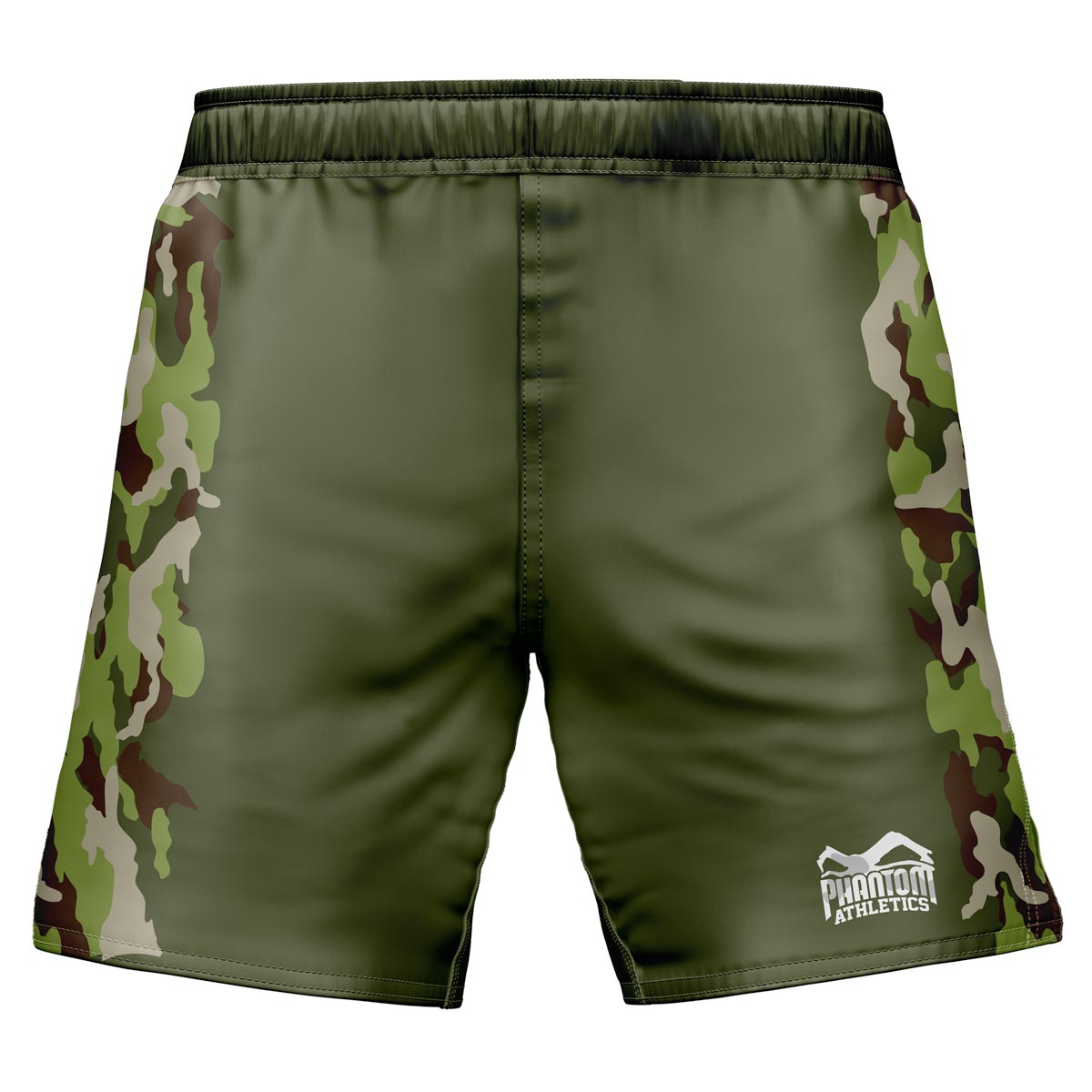 Phantom EVO MMA borbene kratke hlače. U ratnom dizajnu sa zelenim maskirnim elementima.
