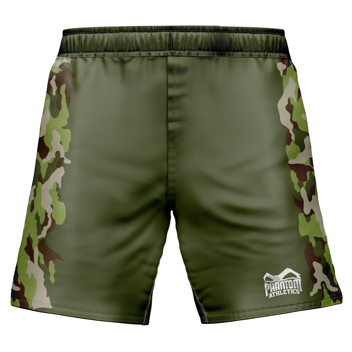 Short de combat Phantom EVO MMA. Dans un design de guerre avec des éléments de camouflage vert.