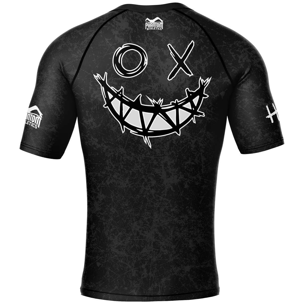 Rashguard Phantom MMA cu un design mare Serious Smiley pe spate.