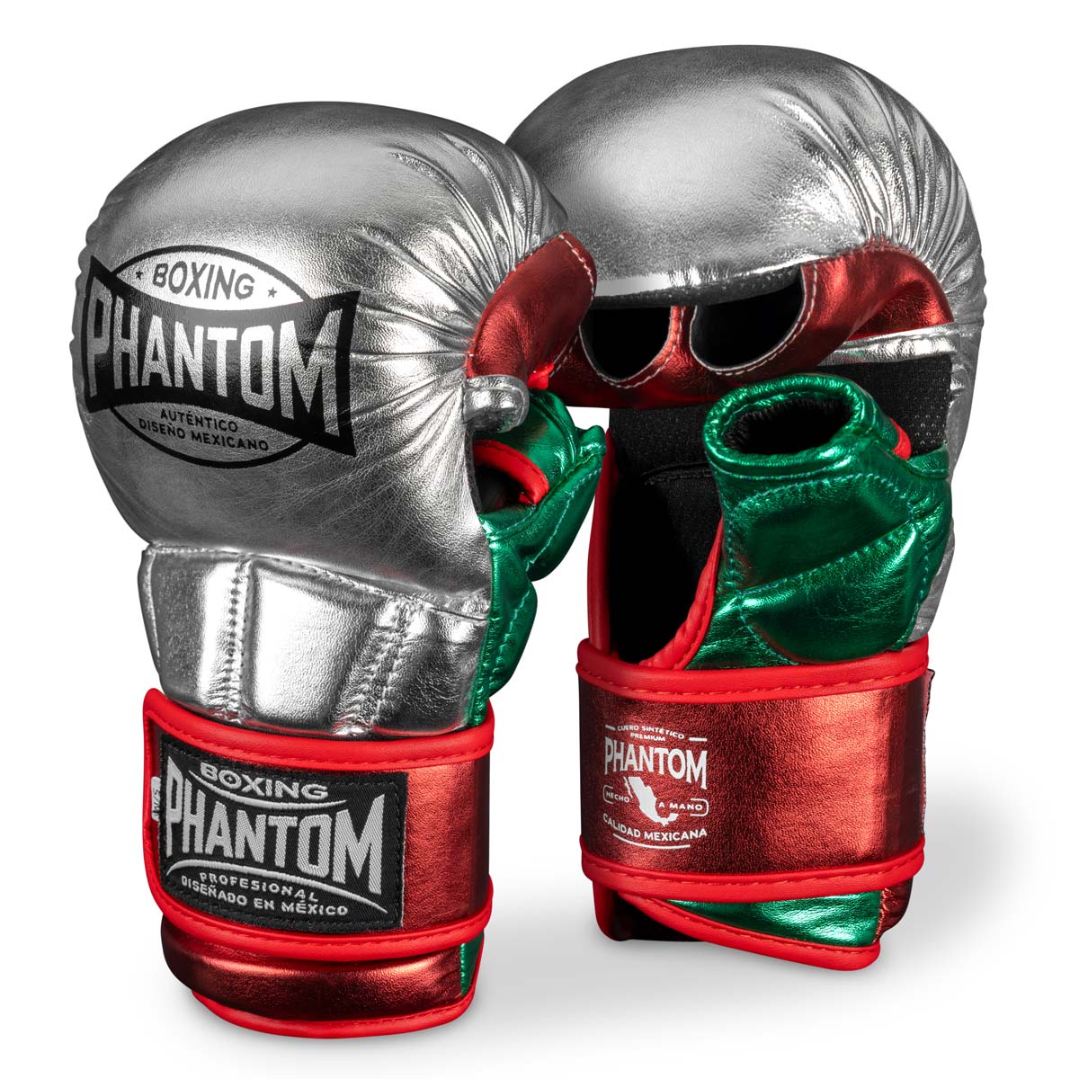 Phantom Athletics MMA Sparring Gloves MEXICO Silber/Grün/Rot – robuste Kampfsport-Handschuhe für intensives MMA-Training und Sparring mit starker Polsterung und sicherem Handgelenkverschluss. Ideal für Grappling, Clinch und Bodenkampf. Premium-Qualität für ambitionierte Kämpfer.