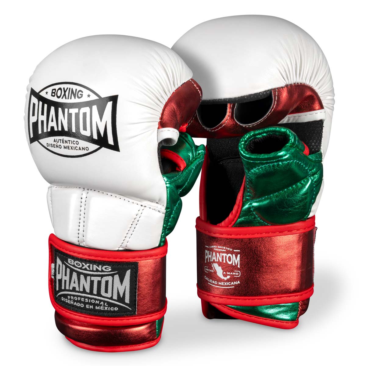 MMA Sparring Gloves MEXICO Silber/Grün/Rot – perfekt für intensives Training, Grappling und Sparring. Offenes Design für volle Kontrolle und Beweglichkeit bei Clinch oder Bodenkampf, gleichzeitig maximaler Schutz durch Polsterung und stabilen Verschluss.