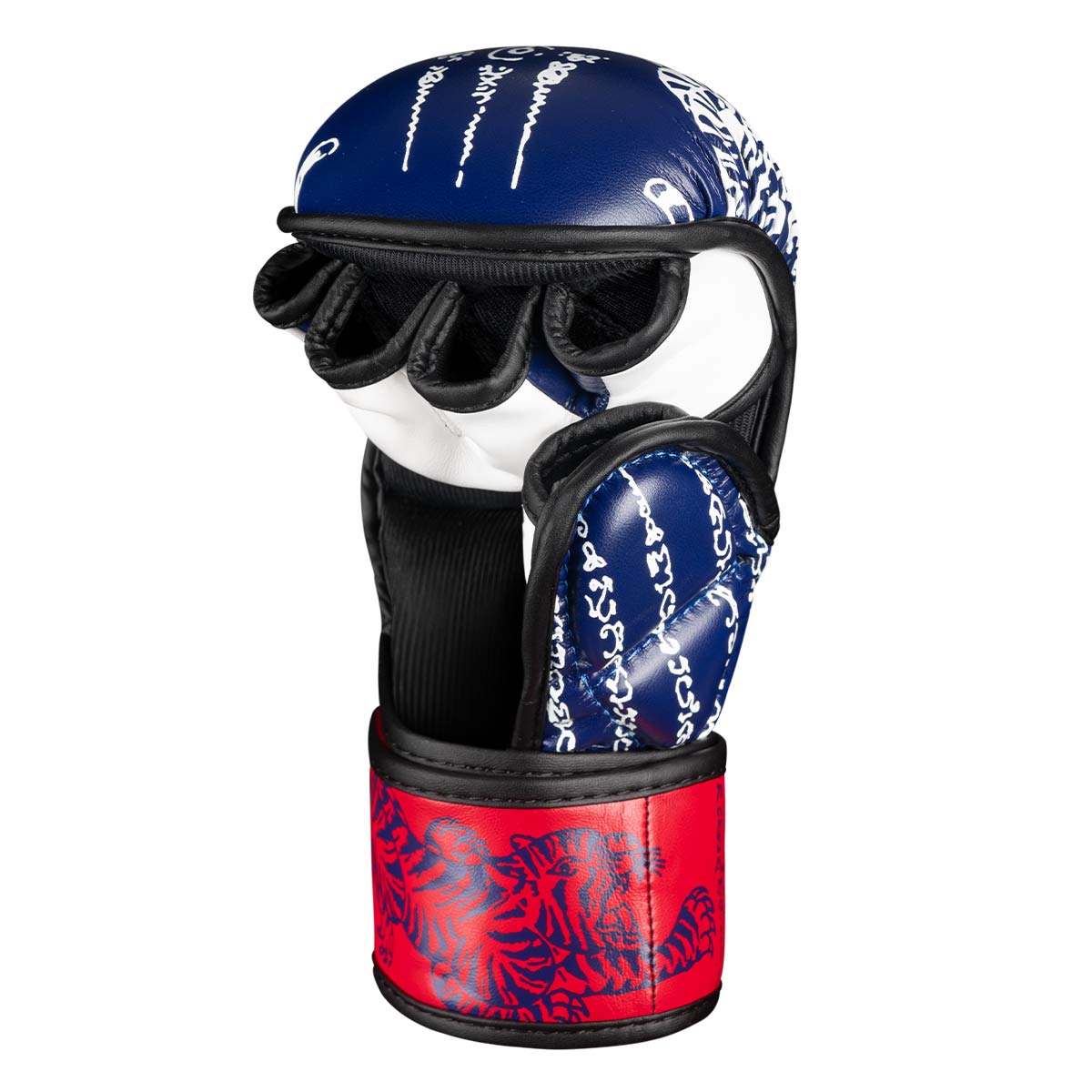 Phantom Muay Thai Handschuhe für Thaiboxen und MMA Sparring, Wettkampf und Training. Im traditionellen Sak Yant Design und der Farbe Blau/Rot.
