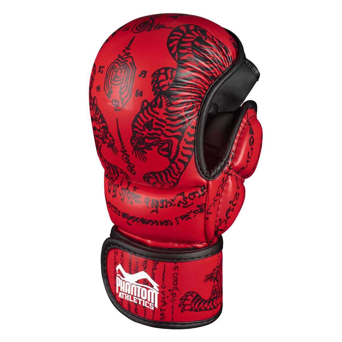 Phantom Muay Thai Handschuhe für Thaiboxen und MMA Sparring, Wettkampf und Training. Im traditionellen Sak Yant Design und der Farbe Rot.