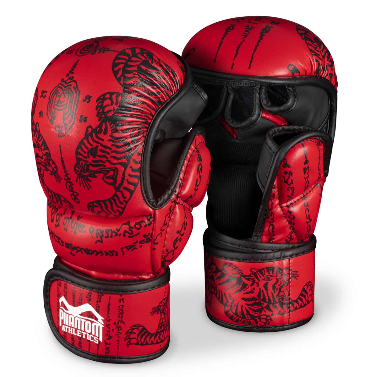 Phantom Muay Thai-handschoenen voor Thaiboksen en MMA-sparren, competitie en training. In het traditionele Sak Yant design en de kleur rood.