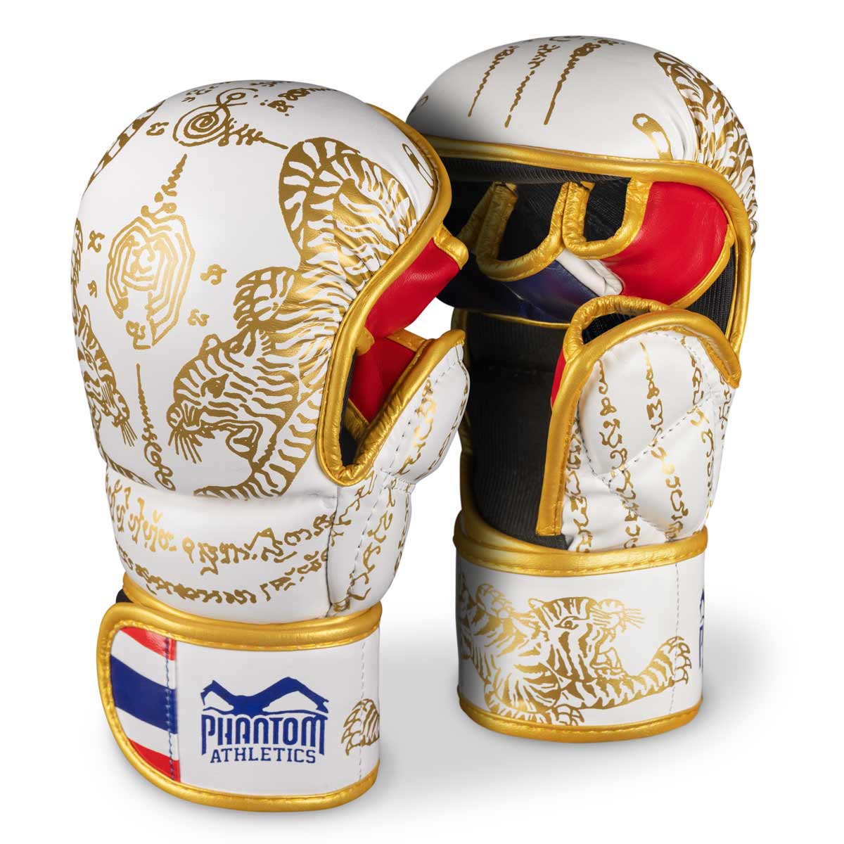 Phantom Muay Thai gloves for Thai boxing and MMA sparring, competition and training. In the traditional Sak Yant design and the color white/gold.