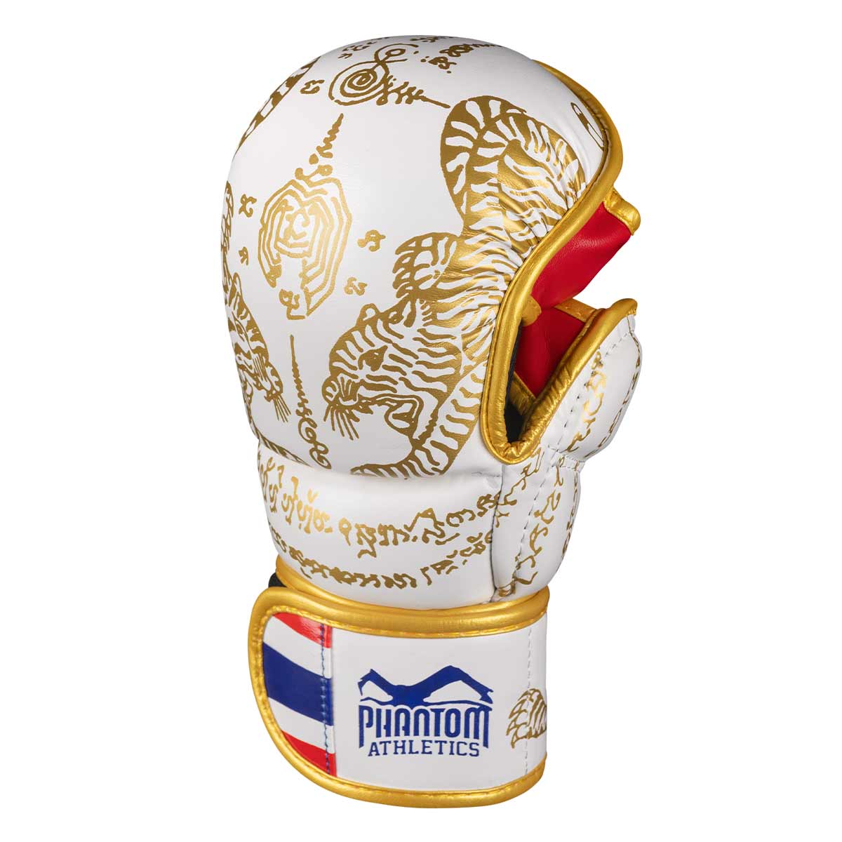 Phantom Muay Thai Handschuhe für Thaiboxen und MMA Sparring, Wettkampf und Training. Im traditionellen Sak Yant Design und der Farbe Weiß/Gold.