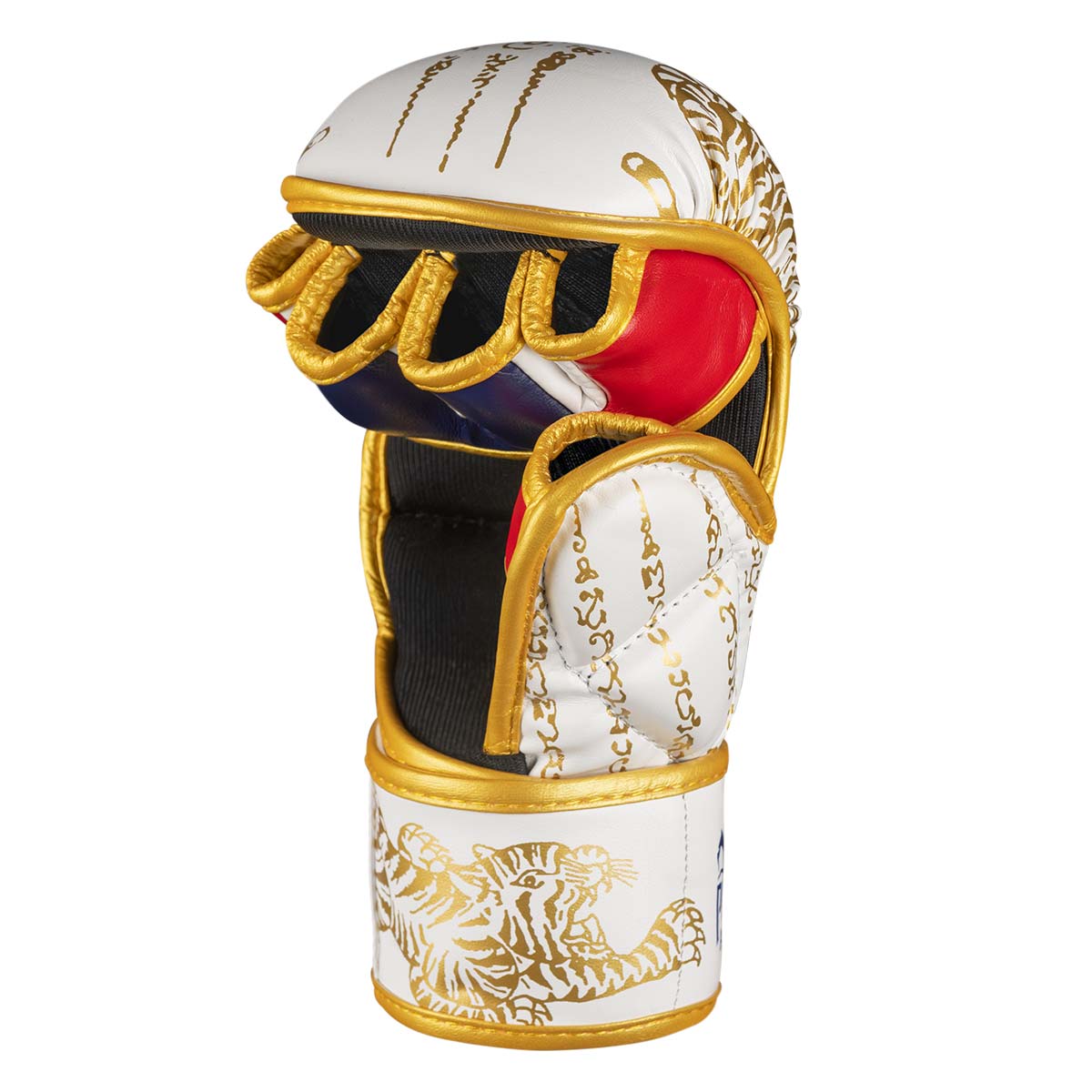 Phantom Muay Thai Handschuhe für Thaiboxen und MMA Sparring, Wettkampf und Training. Im traditionellen Sak Yant Design und der Farbe Weiß/Gold.