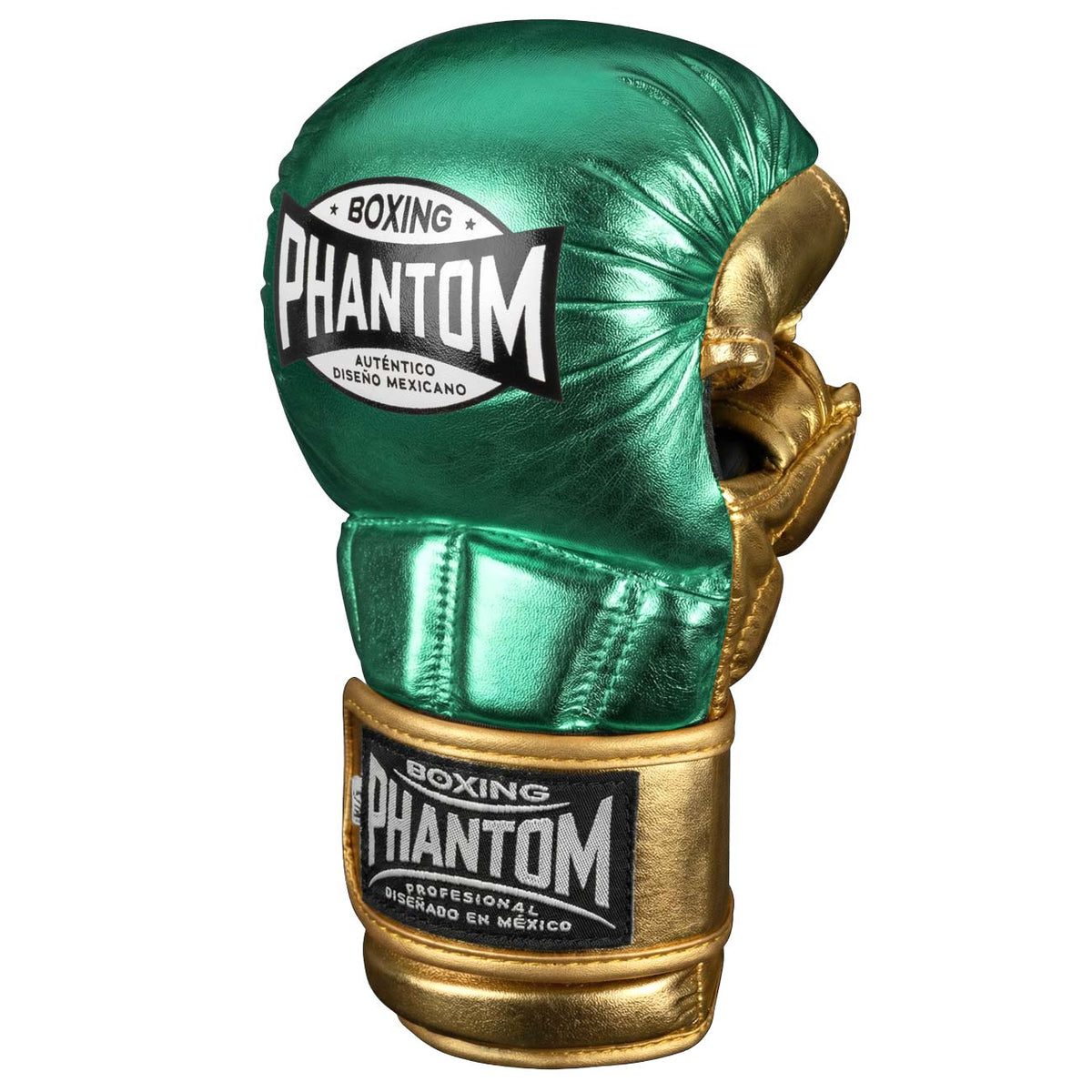 Premium Kampfsporthandschuhe von Phantom Athletics in auffälligem Grün‑Gold‑Design, ideal für Grappling, Techniktraining und MMA‑Sparring im Gym.
