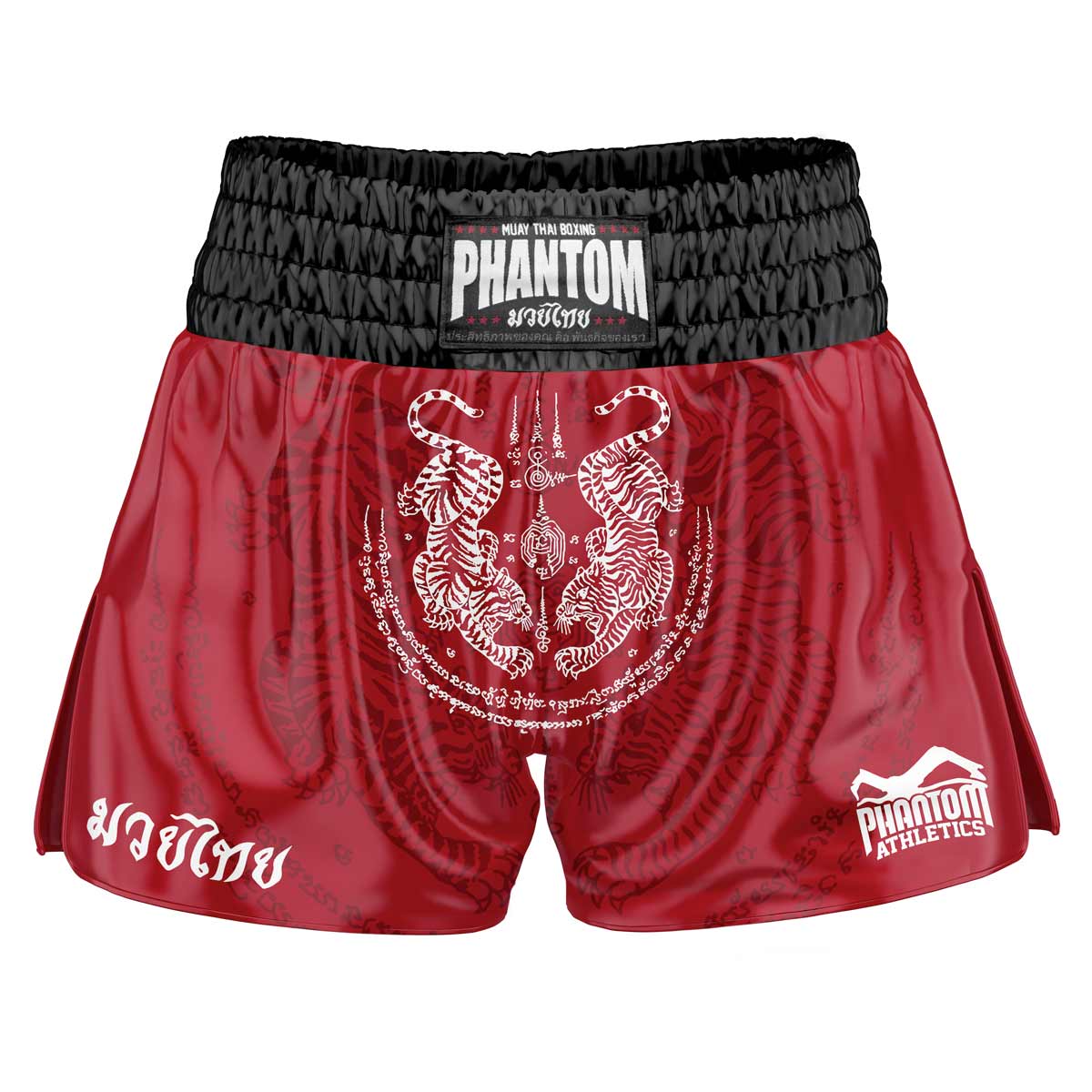 Spodenki Phantom Muay Thai SAK YANT w kolorze czerwonym. Satynowa tkanina w starym stylu z tradycyjnym wzorem tygrysa nadaje oryginalny klimat Tajlandii. W zwykłej jakości Phantom Athletics . Idealny na treningi i zawody boksu tajskiego.