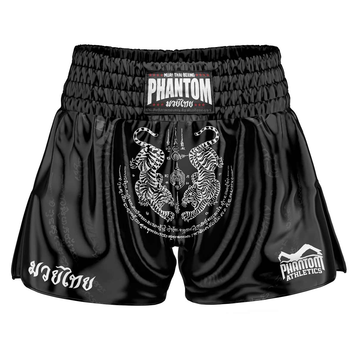 The Phantom Muay Thai shorts SAK YANT in black. Old school satin fabric with traditional tiger design gives you an original Thailand feeling. In the usual Phantom Athletics quality. Ideal for your Thai boxing training and competition.
