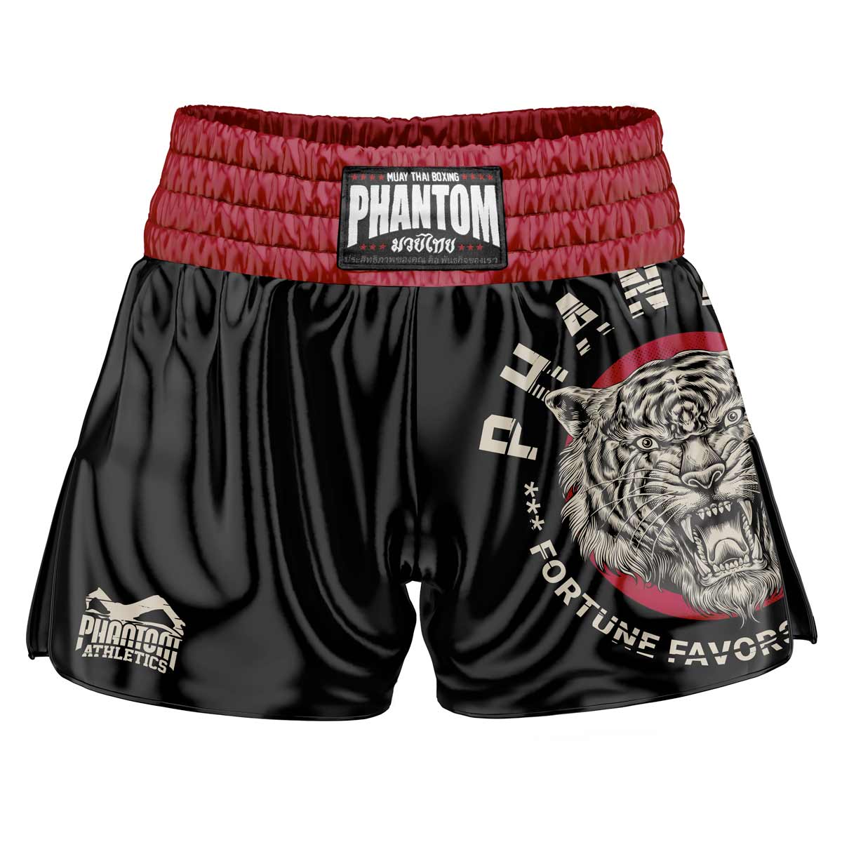 The Phantom Muay Thai shorts in black. Old school satin fabric and our popular Tiger Unit design gives you an original Thailand feeling. In the usual Phantom Athletics quality. Ideal for your Thai boxing training and competition.