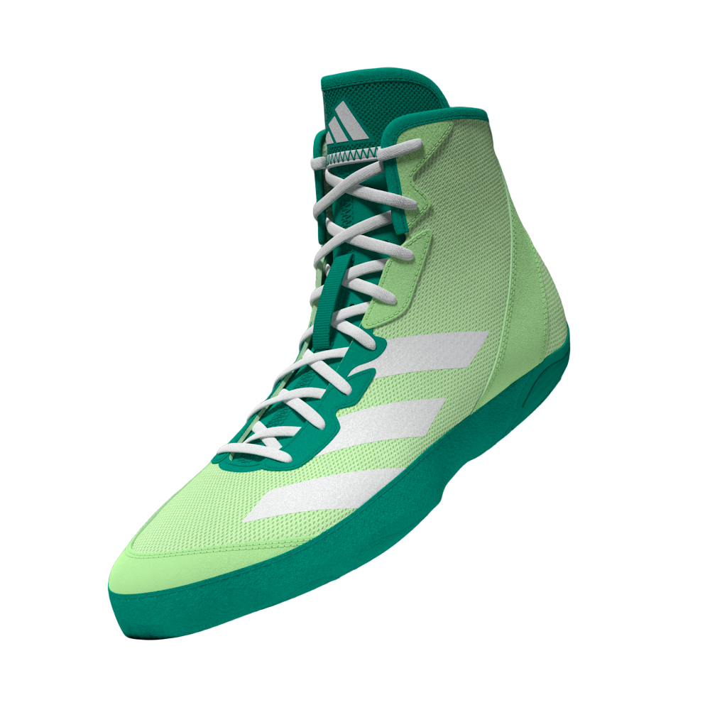 Die Adidas Adizero Ringerschuhe in Neon-Grün sind speziell für den Einsatz auf der Matte konzipiert. Ihre flexible Sohle und der hohe Schaft bieten optimalen Halt und Bewegungsfreiheit für Ringer, Grappler und MMA-Athleten.
