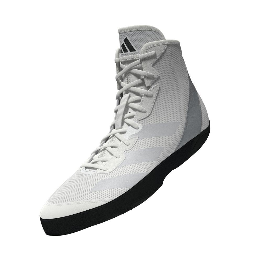 Moderne, weiße Wrestling-Schuhe von Adidas für ambitionierte Athleten im MMA und Grappling. Hohe Qualität für effektives Training.