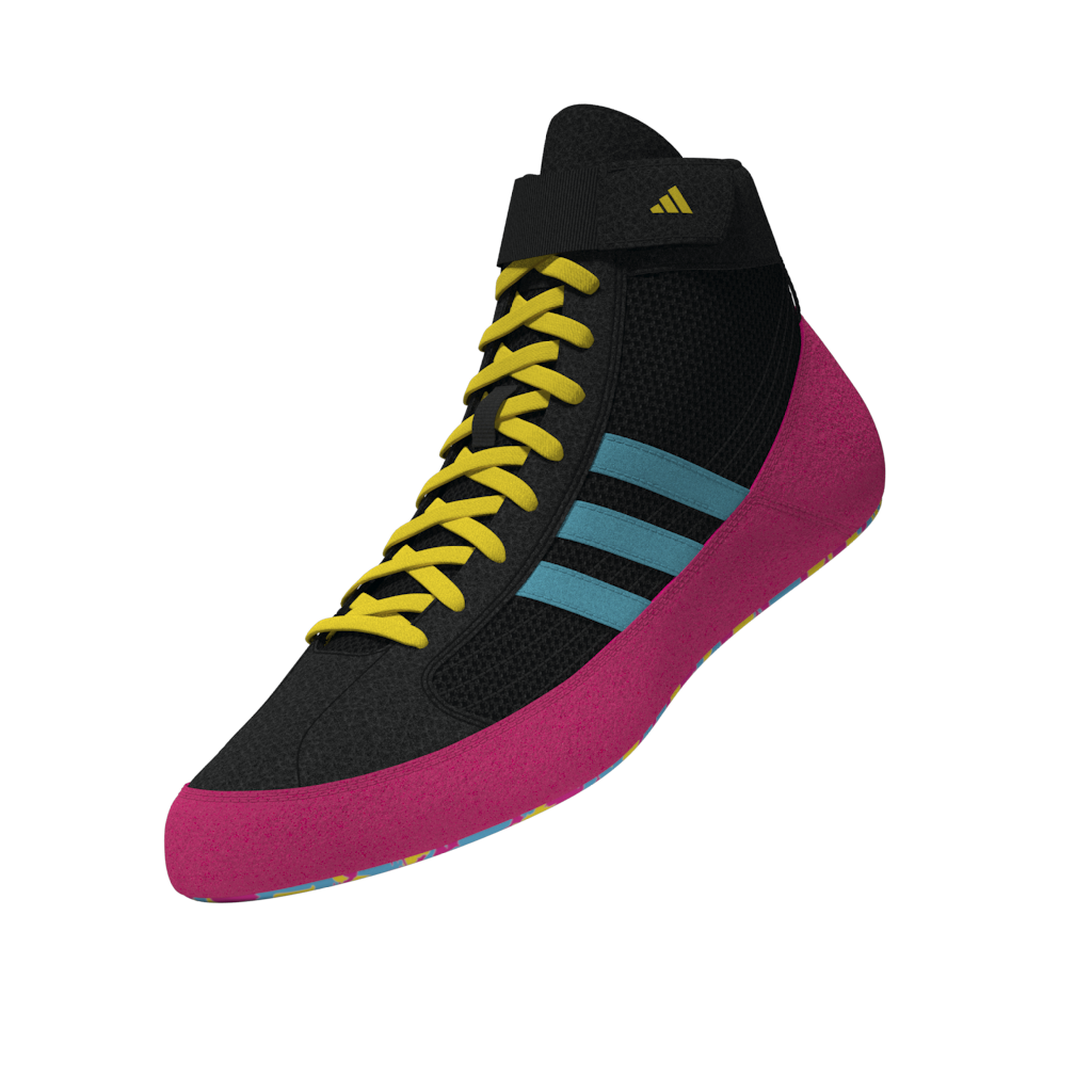 adidas Kampfsportschuhe in markantem Schwarz-Pink – leichte Bauweise und griffige Sohle für schnelle Richtungswechsel im Ringen.